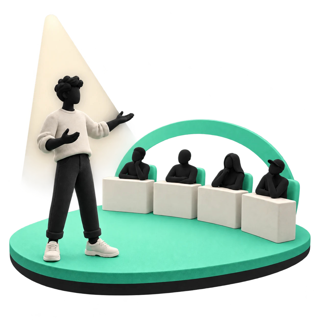 Illustration of an entrepreneur pitching to four anonymous judges.